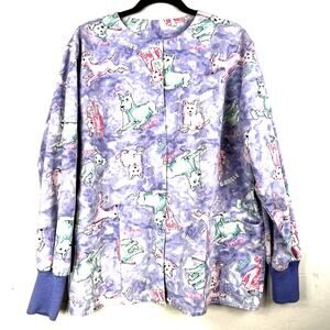 PAC Scrub Top Womens Large-Long Sleeve Dogs Dentist Hygienist Dental Snap Front